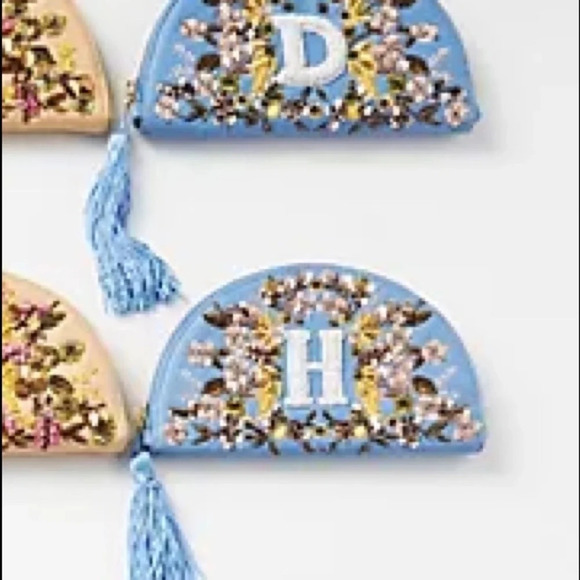 Anthropologie "T" Leather Beaded Monogram Pouch - Picture 2 of 7